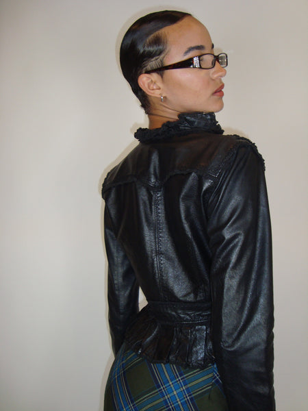 Ruffle Trim Leather Jacket