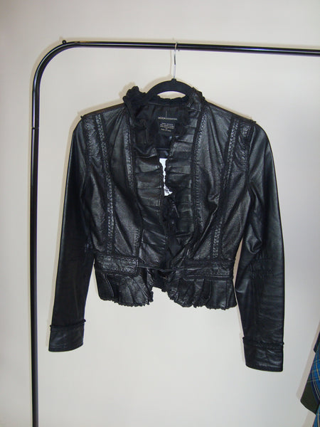 Ruffle Trim Leather Jacket