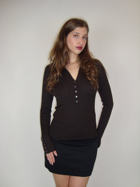 Brown Collared Ribbed Knit Top