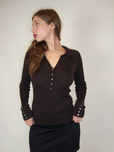 Brown Collared Ribbed Knit Top