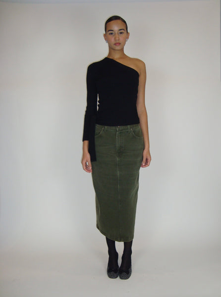 Faded Olive Denim Maxi Skirt