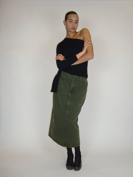 Faded Olive Denim Maxi Skirt
