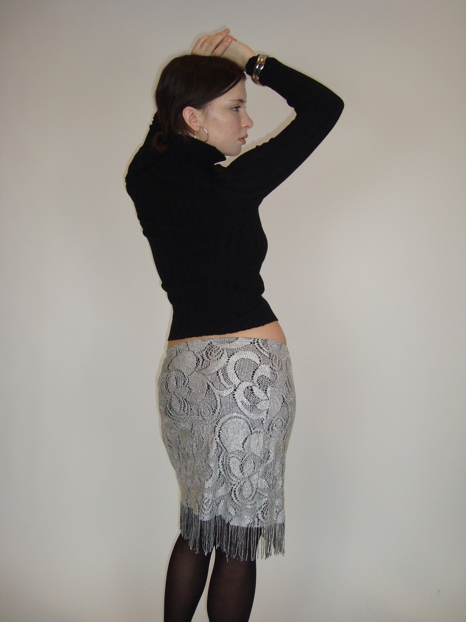 Silver Metallic Floral Print Knit Skirt