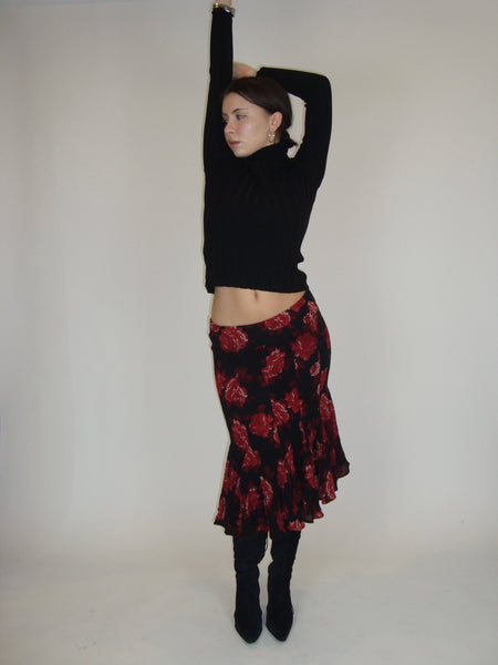 Red Floral Flared Skirt