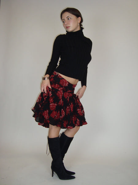 Red Floral Flared Skirt
