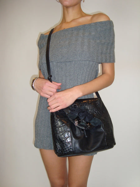 Black Leather Rosette Crossbody Bag