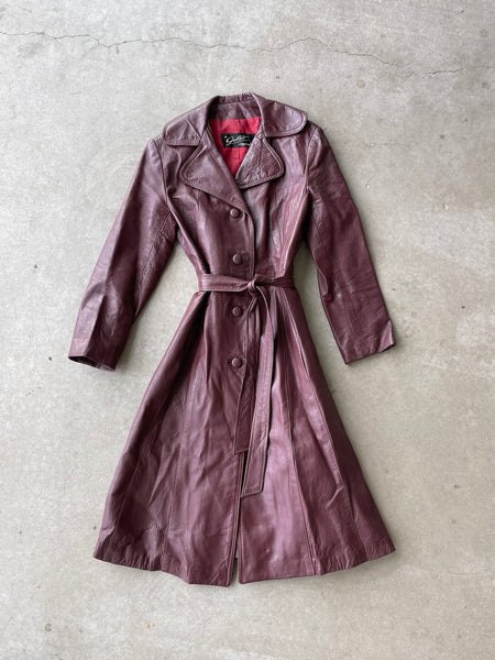 70's Burgundy Leather Trench Jacket