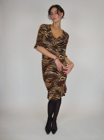 Tiger Print Ruffle Trim Dress